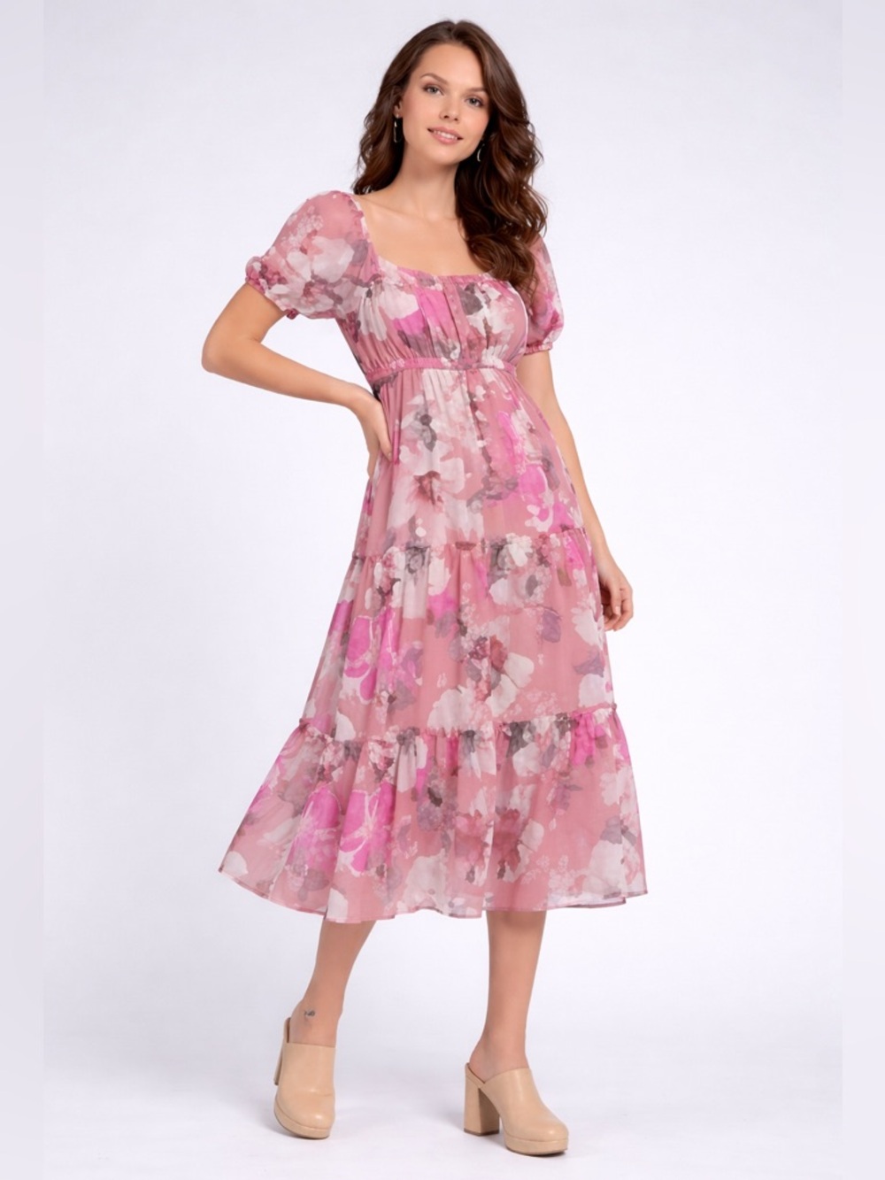 “Pink Floral Midi Dress Cottagecore Boho Square Neck Elastic Waist Size S”